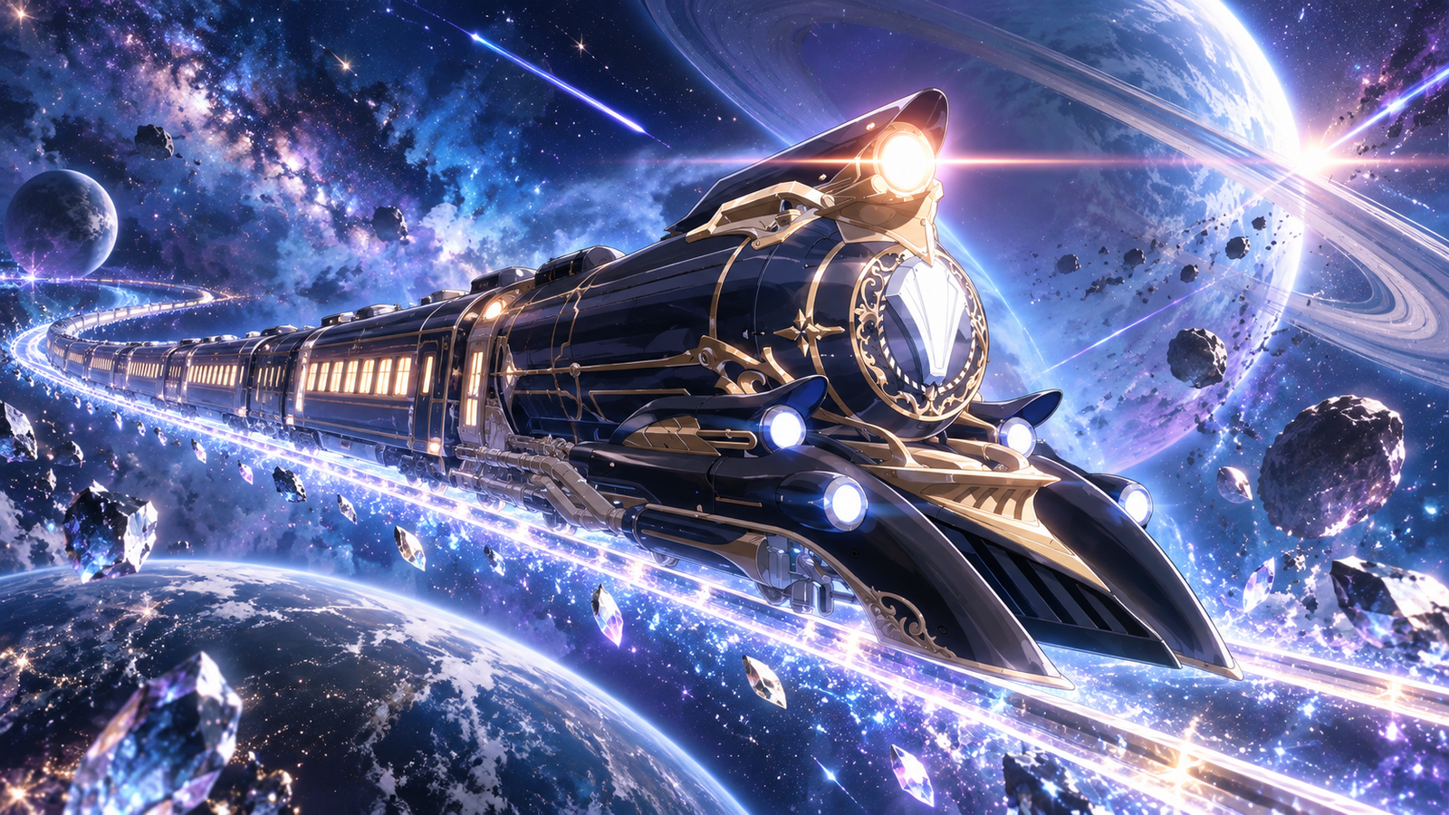 宇宙列車が銀河を走るイメージ画像